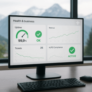 Écran d’ordinateur affichant un tableau de bord “santé & business” avec indicateurs de disponibilité, sauvegardes actives, conformité nLPD et baisse des tickets, sur fond de montagnes suisses floues.