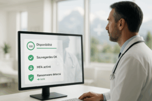 Médecin en blouse observant un écran de supervision affichant un tableau de bord de cybersécurité indiquant “Sauvegardes OK”, “MFA activé” et “Ransomware détecté – isolé”, dans une clinique moderne en Suisse.