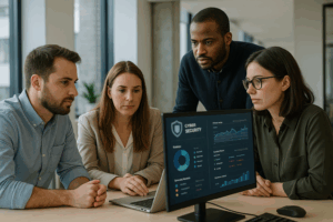Formation cybersécurité en PME : équipe en réunion autour d’un plan de sécurité informatique