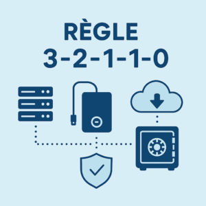 Illustration de la règle 3-2-1-1-0 de sauvegarde des données : trois copies, deux supports, une hors site, une immuable et zéro erreur, symbolisée par serveurs, cloud et coffre-fort.